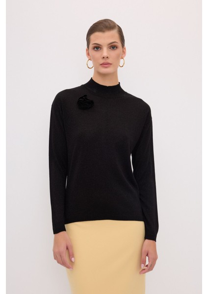 Çiçek Detaylı Triko Kazak Siyah 13944513000