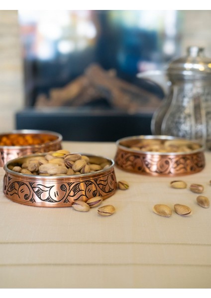 Luxury Bakır Çerezlik Oyma Nakışlı 3'lü Mat Bakır Renk 10 cm 1 Adet
