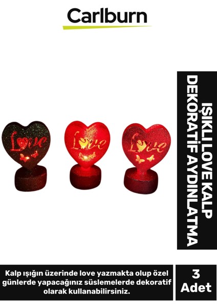 Özel Üretim Hediye Gece Masa Yatak Odası Aydınlatma Sevgi Aşk Temalı Işıklı Love Kalp 3'lü Set