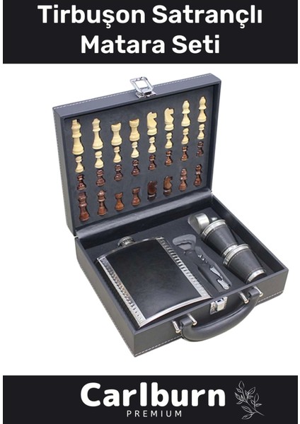Paslanmaz Çelik 8.oz 2 Shot Bardaklı Tirbuşon Ahşap Kutulu Satrançlı Alkol Deri Matara Seti 17*13 cm