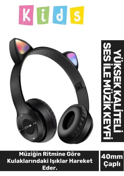 Gürültü Engelleyen Kız Erkek Çocuk Kedi Kulaklı Işıklı Mikrofonlu Kablosuz Bluetooth Kedili Kulaklık