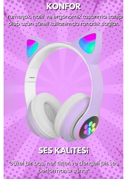Gürültü Engelleyen Kız Erkek Çocuk Kedi Kulaklı Işıklı Mikrofonlu Kablosuz Bluetooth Kedili Kulaklık