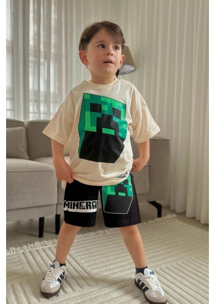 Bej Mine Craft Çizgi Film Baskılı Alt Üst Erkek Çocuk 2li Takım