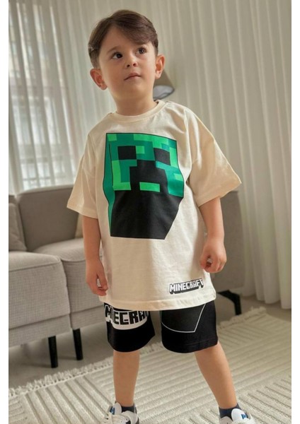 Bej Mine Craft Çizgi Film Baskılı Alt Üst Erkek Çocuk 2li Takım