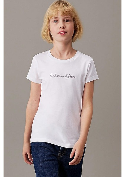 Kız Çocuk Ck Script Logo Slim T-Shirt - Beyaz