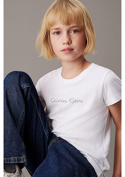 Kız Çocuk Ck Script Logo Slim T-Shirt - Beyaz modelleri
