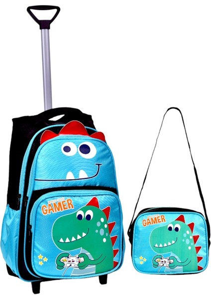 Çekçekli Siyah Dinazor Baskılı, Ortopedik Sırt Özellikli, Ilkokul Çantası + Beslenme Çantası