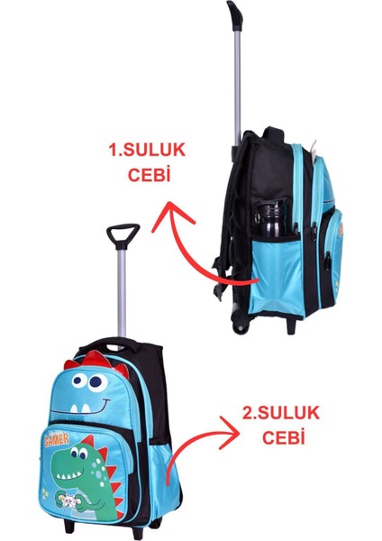 Çekçekli Siyah Dinazor Baskılı, Ortopedik Sırt Özellikli, Ilkokul Çantası + Beslenme Çantası fiyatları