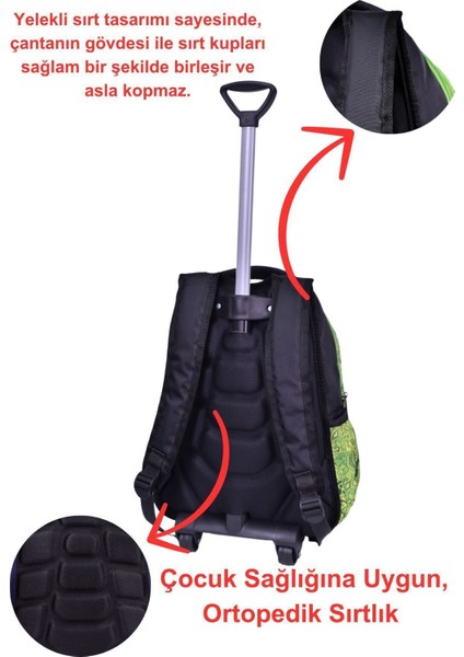 Çekçekli Yeşil Oyun Baskılı, Ortopedik Sırt Özellikli, Ilkokul Çantası + Beslenme Çantası modelleri