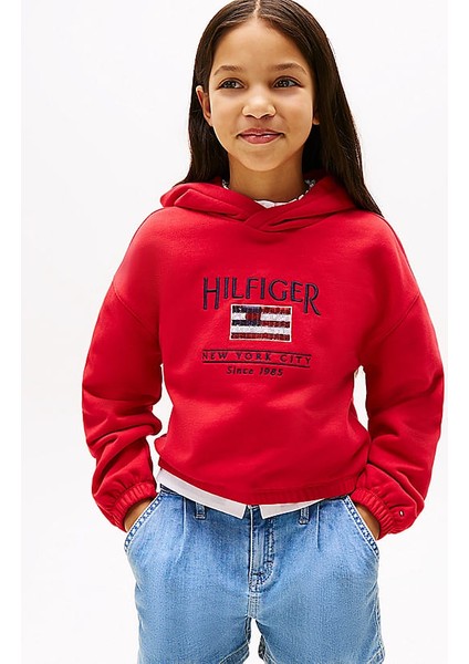 Kız Çocuk Th Sequin Bayrak Kapüşonlu Sweatshirt - Kırmızı