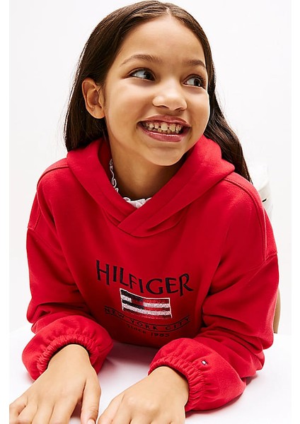 Kız Çocuk Th Sequin Bayrak Kapüşonlu Sweatshirt - Kırmızı