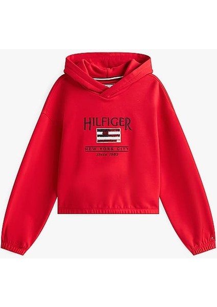 Kız Çocuk Th Sequin Bayrak Kapüşonlu Sweatshirt - Kırmızı