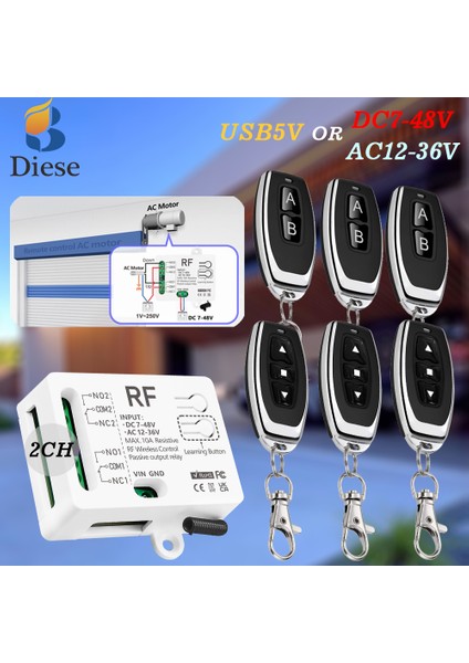 RF433MHZ Evrensel Kablosuz Uzaktan Kumanda Verici Dc 12V 24V AC12-36V 2ch Alıcı Röle Garaj Panjur Kapı Işığı (Yurt Dışından)