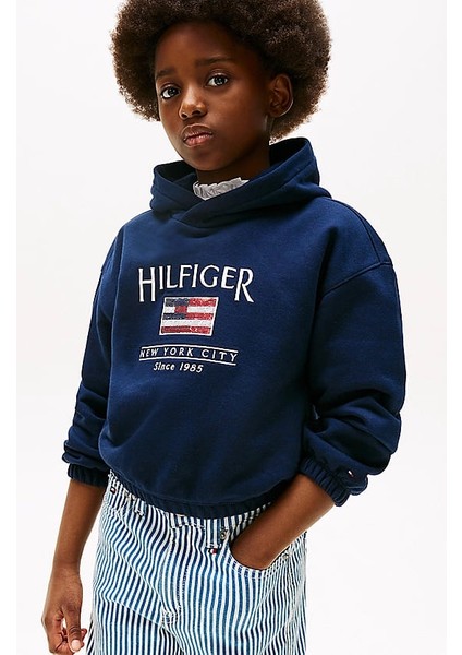 Kız Çocuk Th Sequin Bayrak Kapüşonlu Sweatshirt - Lacivert