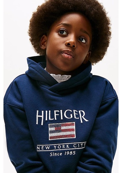 Kız Çocuk Th Sequin Bayrak Kapüşonlu Sweatshirt - Lacivert