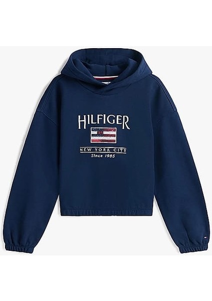 Kız Çocuk Th Sequin Bayrak Kapüşonlu Sweatshirt - Lacivert