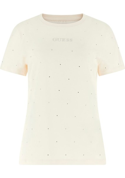 Kadın Rhinstones Ss T-Shirt - Krem