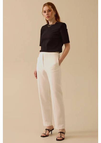 Kadın Elastik Bel Dar Paça Dokuma Kumaş Pantolon - Beyaz