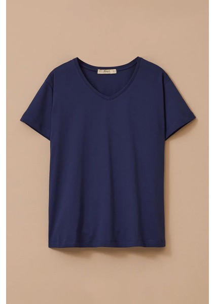 Kadın V Yaka Kısa Kollu Basic T-Shirt - Lacivert