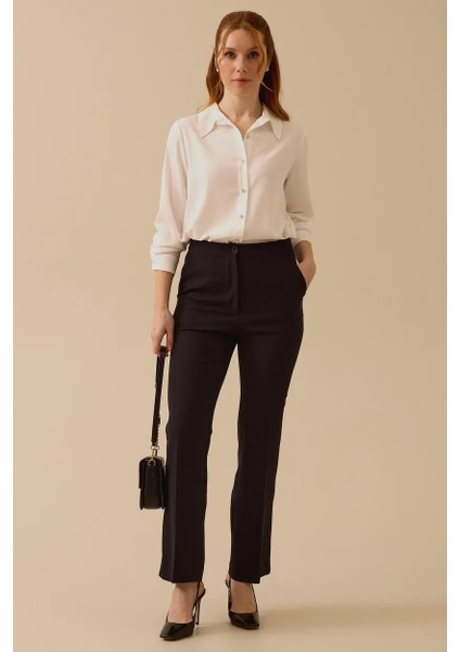 Kadın Yüksek Bel Cepli Bilek Boy Pantolon - Siyah