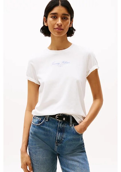 Kadın Th Script Logo T-Shirt - Ekru