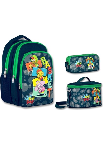 Kral Şakir Basket Baskılı Üçlü Ilkokul Çanta Seti - Lacivert/yeşil - Erkek Çocuk