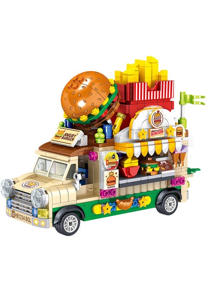 Gurme Yemek Arabası Retro Hamburger Arabası Dondurma Çocuk Eğitici Montaj Yapı Blokları Oyuncakları (Yurt Dışından)