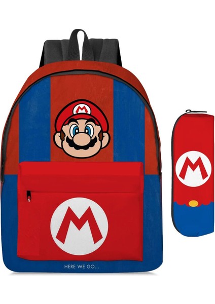 Super Mario Mavi Kırmızı Ilkokul Ortaokul Sırt Çantası ve Kalem Kutu Set