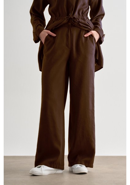 Acı Kahve Mizalle Koyu Kahverengi Rahat Kesim Geniş Paçalı Modal Pantolon