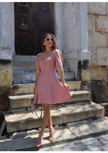 Pudra Yaka Drape Detay Astarlı Elbise