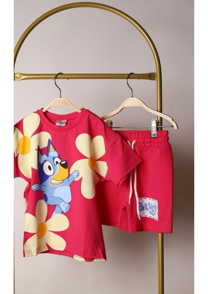 Kız Çocuk Çiçekli Bluey Bingo Baskılı Beli Lastikli Bağcıklı Pembe Renk Şortlu Alt Üst Ikili Takım