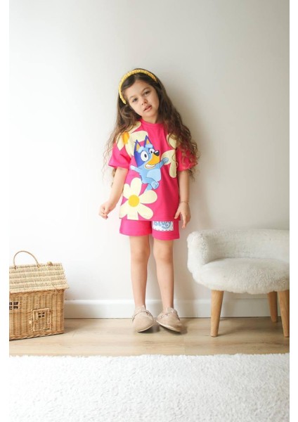 Kız Çocuk Çiçekli Bluey Bingo Baskılı Beli Lastikli Bağcıklı Pembe Renk Şortlu Alt Üst Ikili Takım fiyatları