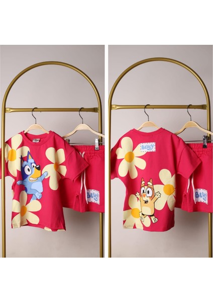 Kız Çocuk Çiçekli Bluey Bingo Baskılı Beli Lastikli Bağcıklı Pembe Renk Şortlu Alt Üst Ikili Takım modelleri