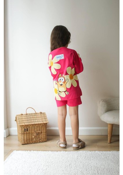 Kız Çocuk Çiçekli Bluey Bingo Baskılı Beli Lastikli Bağcıklı Pembe Renk Şortlu Alt Üst Ikili Takım fırsatları