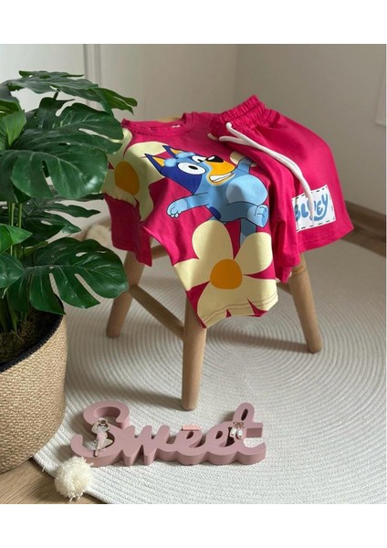 Kız Çocuk Çiçekli Bluey Bingo Baskılı Beli Lastikli Bağcıklı Pembe Renk Şortlu Alt Üst Ikili Takım indirimleri