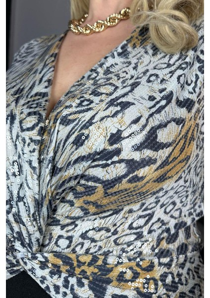 G1377 Payet Detaylı Kolsuz Abiye Elbise Leopar