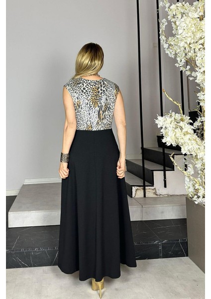 G1377 Payet Detaylı Kolsuz Abiye Elbise Leopar