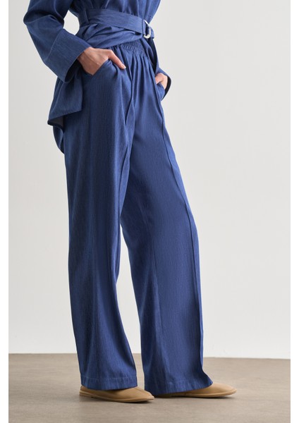 Indigo Mavi Mizalle Denim Dokulu Beli Lastikli Geniş Paça Pantolon