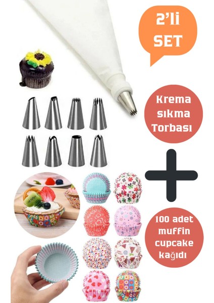 Luxury 2'li Set Krema Sıkma Torbası Seti/ 100 Adet Muffin Cupcake Kek Kapsülü 1 Adet