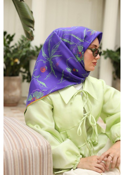 Mor Turuncu Desenli Tivil Ipek Eşarp 11433-25