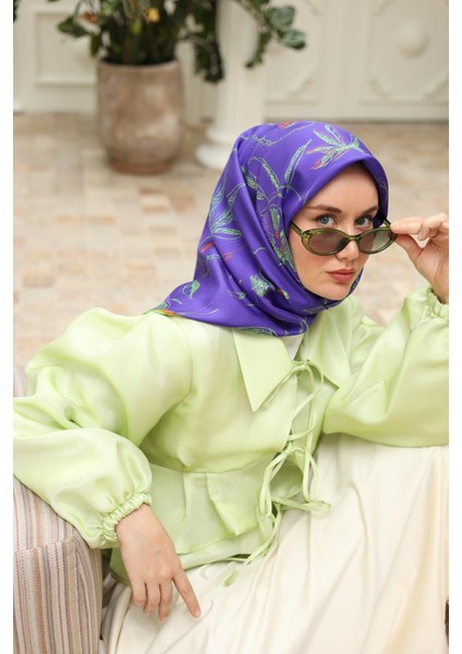 Mor Turuncu Desenli Tivil Ipek Eşarp 11433-25 modelleri