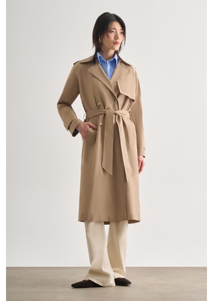 Premium Pamuk Karışımlı Bej Rengi Uzun Trençkot