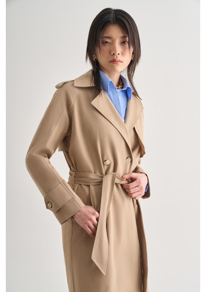 Premium Pamuk Karışımlı Bej Rengi Uzun Trençkot fiyatları