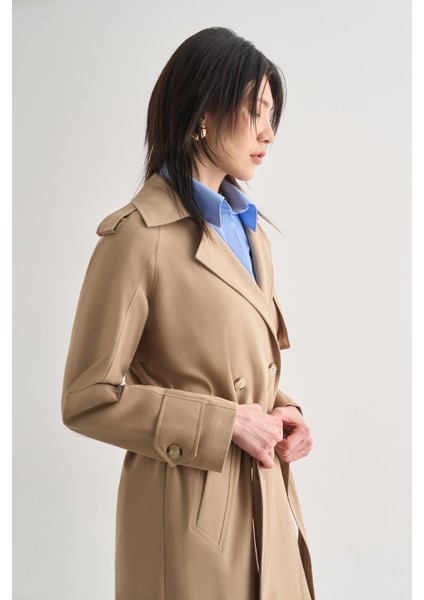 Premium Pamuk Karışımlı Bej Rengi Uzun Trençkot modelleri