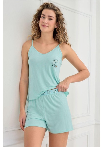 Kadın Ince Askı Kaşkorse Şortlu Mavi Pijama Takımı 70702-941