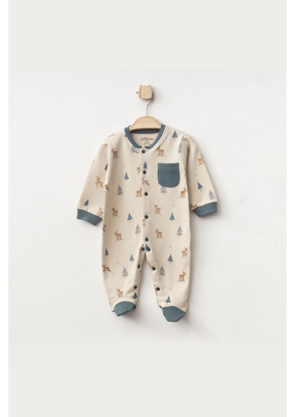 Erkek Bebek Çıtçıtlı Geyik Desenli Patikli Tulum 0 Ay - 6 Ay