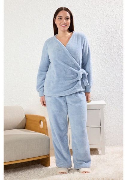 Açık Mavi Kruvaze Yaka Wellsoft/peluş Örme Pijama Takımı