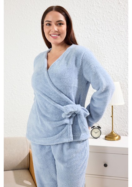 Açık Mavi Kruvaze Yaka Wellsoft/peluş Örme Pijama Takımı