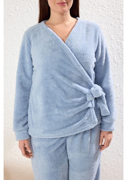 Açık Mavi Kruvaze Yaka Wellsoft/peluş Örme Pijama Takımı