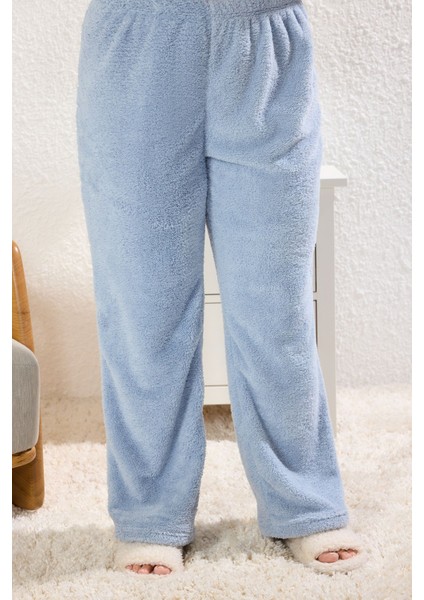 Açık Mavi Kruvaze Yaka Wellsoft/peluş Örme Pijama Takımı